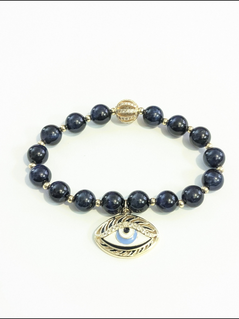 Gold Charm Navy Bead Evil Eye Stretch Bracelet